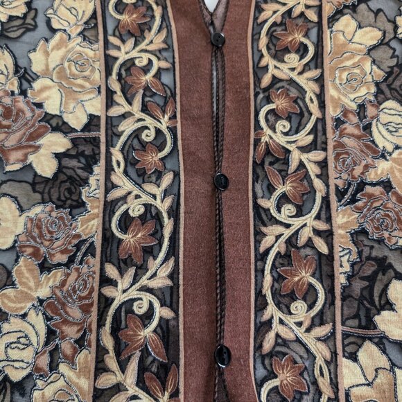 UNBRANDED Kimono Women's OS Floral Brown Black Metallic Sheer‎ Buttons Fringe - Picture 11 of 16